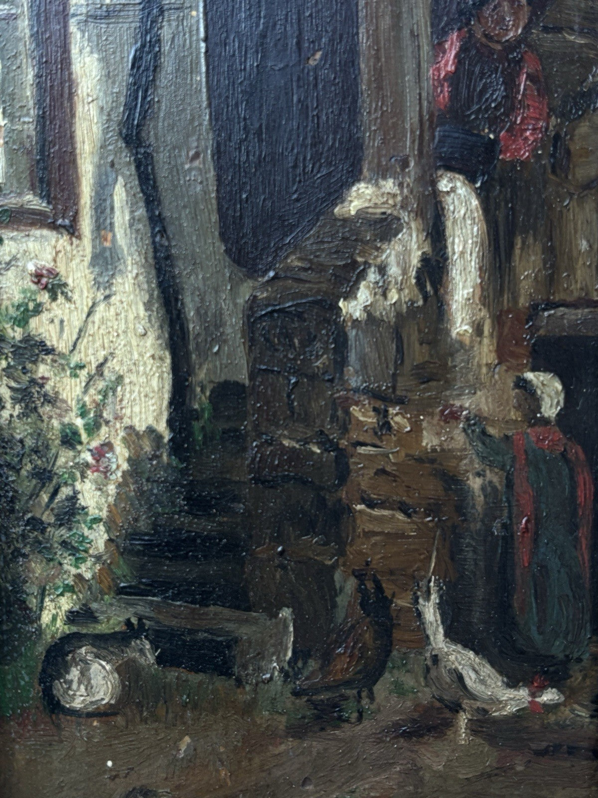 Quadro miniatura antico -Cortile- dipinto a olio su tavoletta