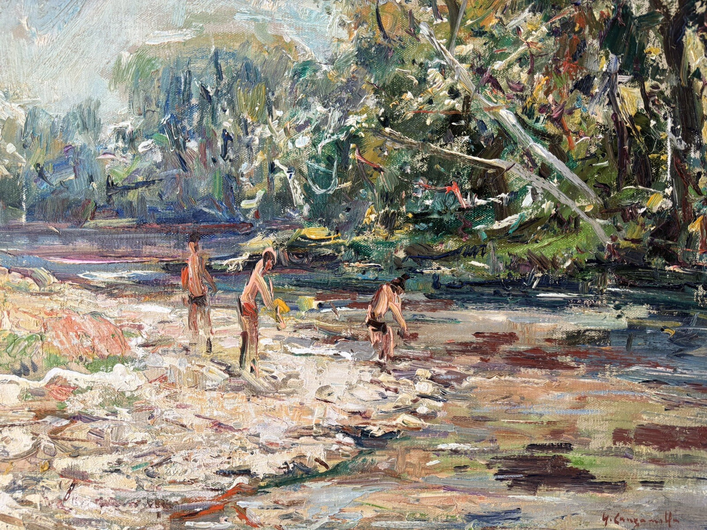 Quadro vintage -Bagnanti Al Fiume- dipinto a olio su tela