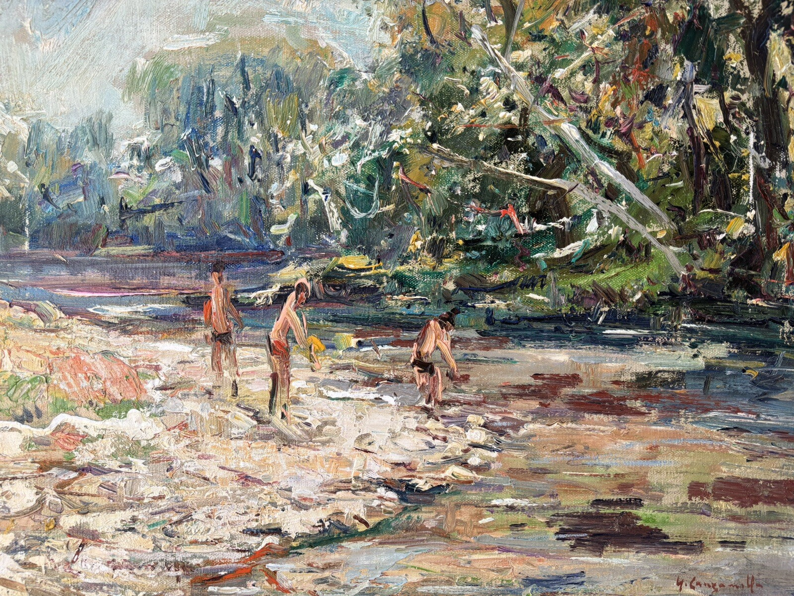 Quadro vintage -Bagnanti Al Fiume- dipinto a olio su tela