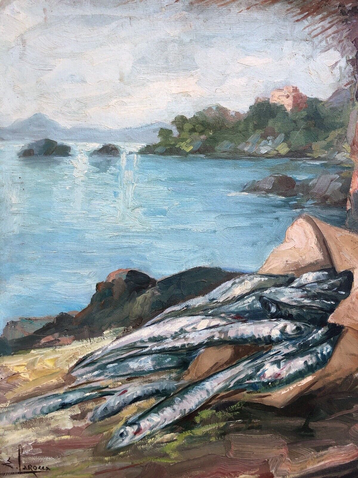 Quadro vintage -Paesaggio Con Natura Morta- dipinto a olio su tela