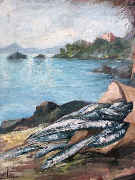 Quadro vintage -Paesaggio Con Natura Morta- dipinto a olio su tela