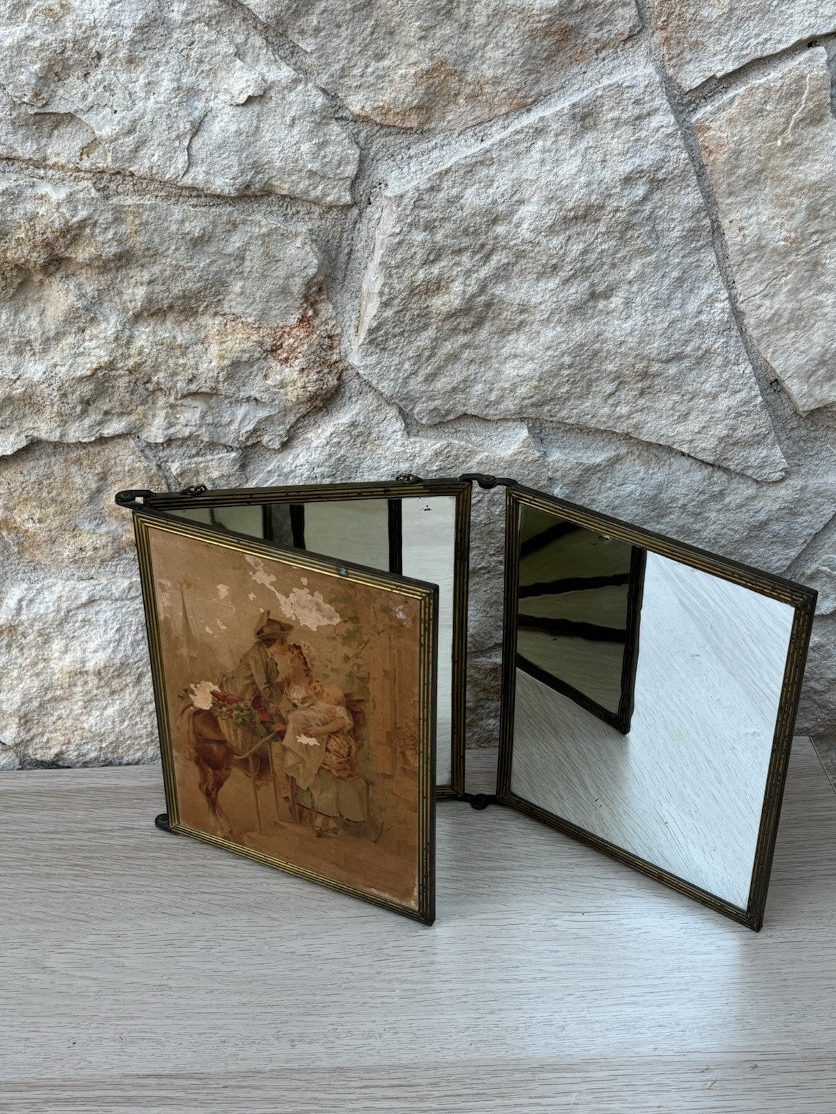 Specchio Trittico Da Barbiere Vintage In Metallo Ottone