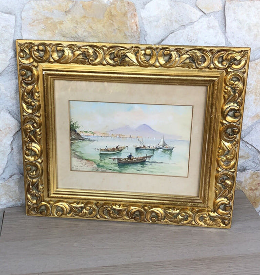 Quadro vintage -Marina Napoli- dipinto ad acquerello