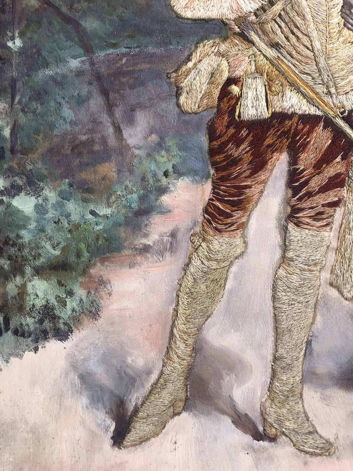 Coppia di quadri antichi ricamati e dipinti su raso in seta e cotone- tec. mista