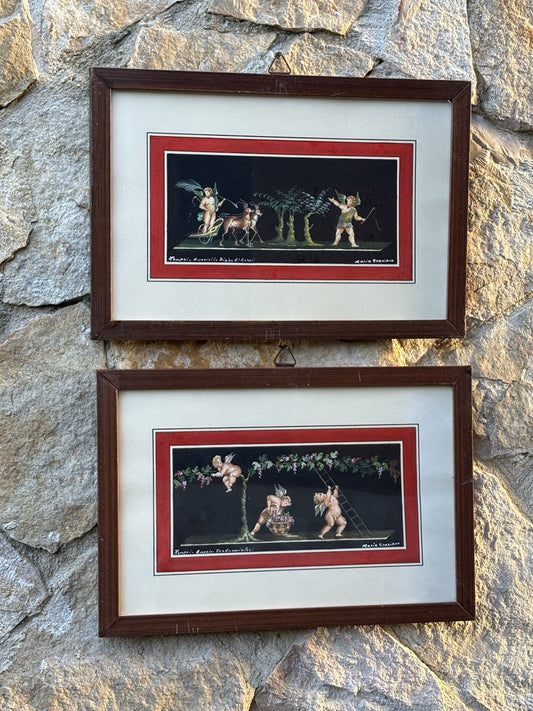 Coppia Di Quadri Vintage- Amorini- Gouache Dipinti A Mano