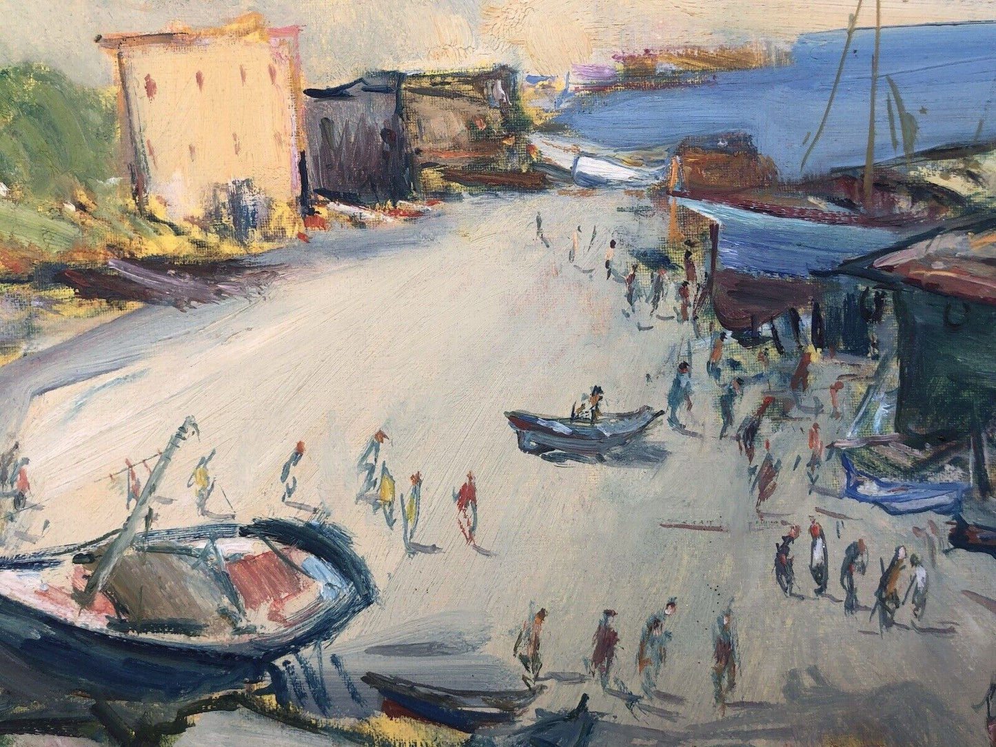 Quadro vintage -Porto Con Barche- dipinto a olio su tela