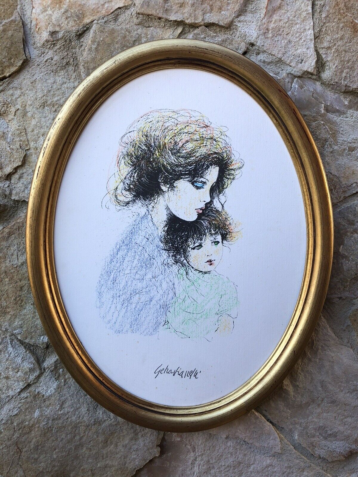 Quadro Vintage Dipinto A Tecnica Mista Su Carta -Maternità-