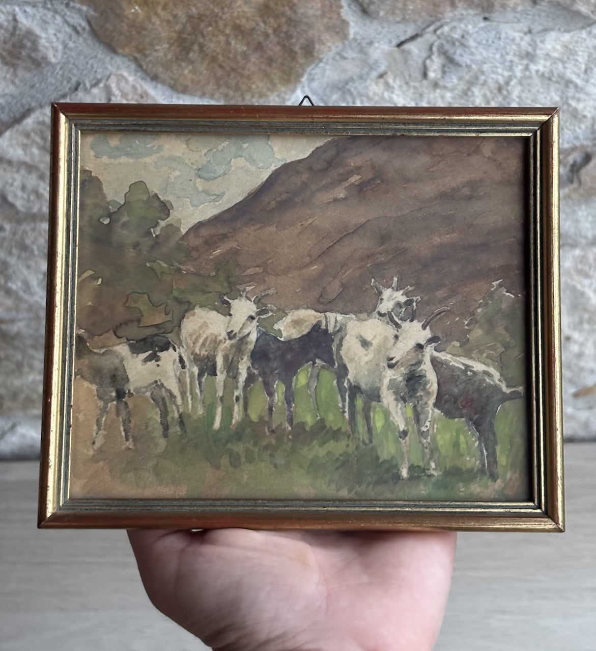 Quadro miniatura -Capre Al Pascolo- realizzato ad acquerello su carta
