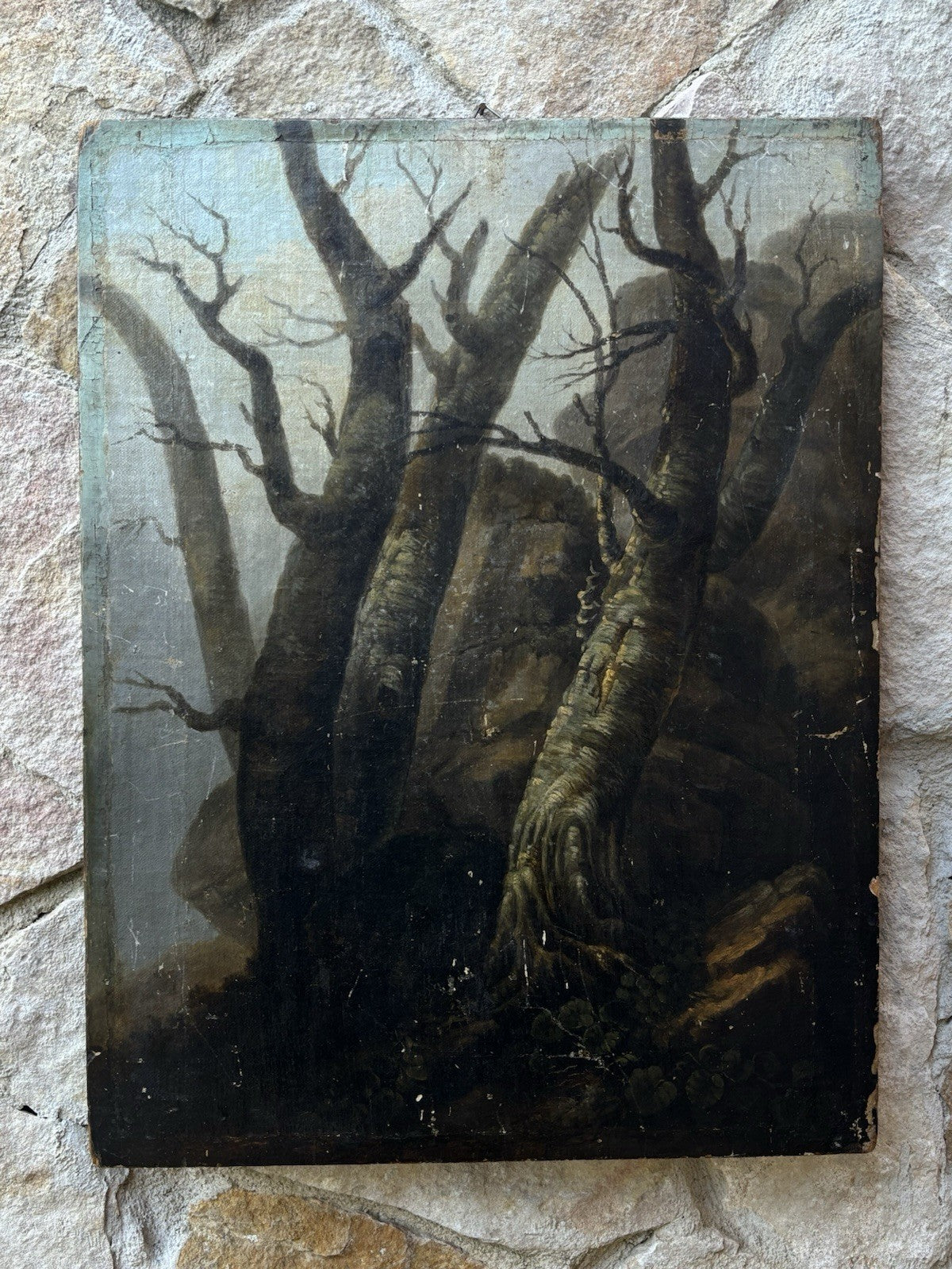 Quadro antico -Paesaggio Con Alberi- dipinto a olio su tavola
