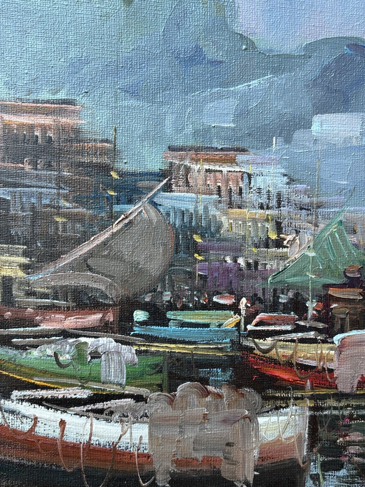 Quadro -Barche Al Porto- dipinto a olio su tela