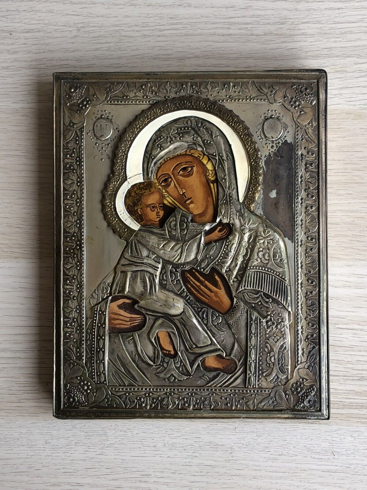 Icona Religiosa Russa Dipinta Vintage, Madonna Di Vladimir