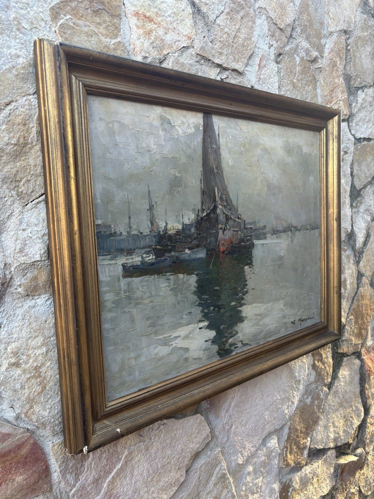 Quadro -Marina Con Barche- dipinto a olio su tela