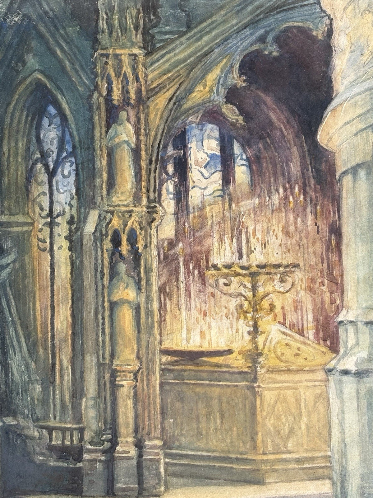 Quadro antico -Cattedrale- dipinto ad acquerello su carta
