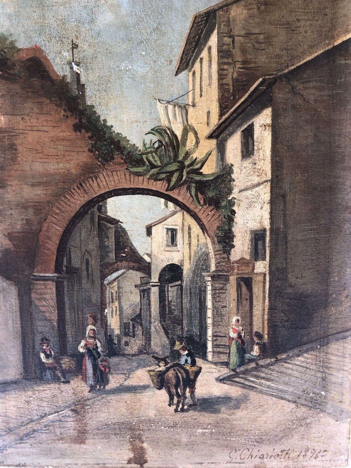 Quadro antico -Una Via Di Tivoli- dipinto a olio
