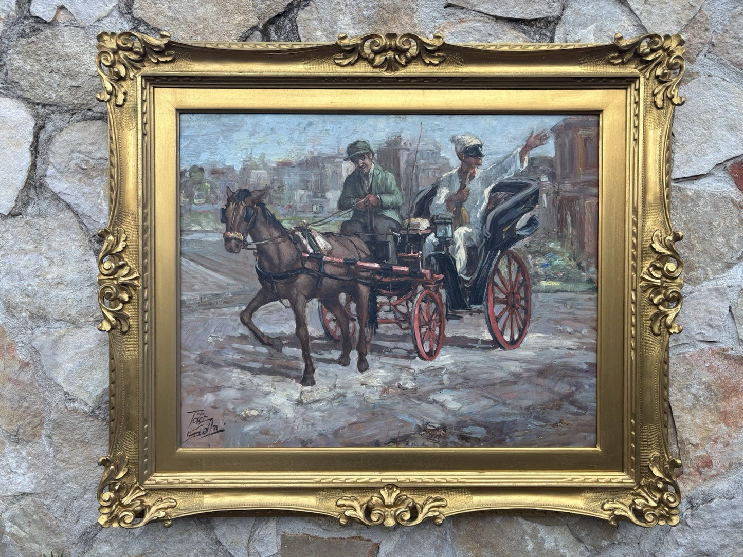 Quadro -Pulcinella In Carrozza- dipinto a olio