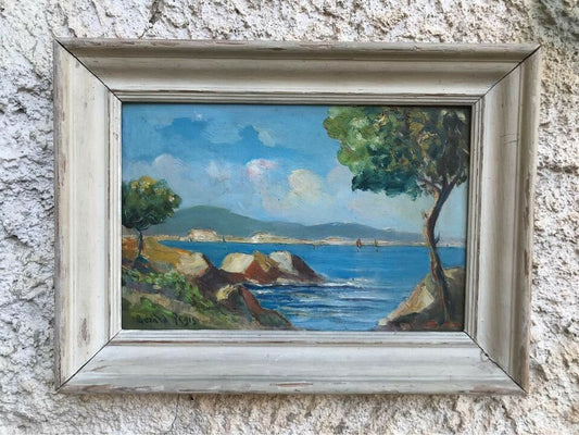 Antico quadro francese-Marina- dipinto a olio su masonite