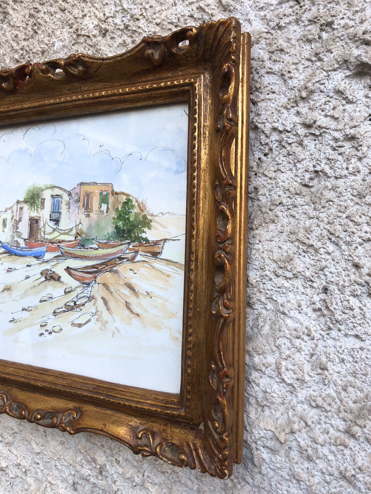 QUADRO VINTAGE-PAESAGGIO CON BARCHE-DIPINTO AD ACQUERELLO SU CARTA