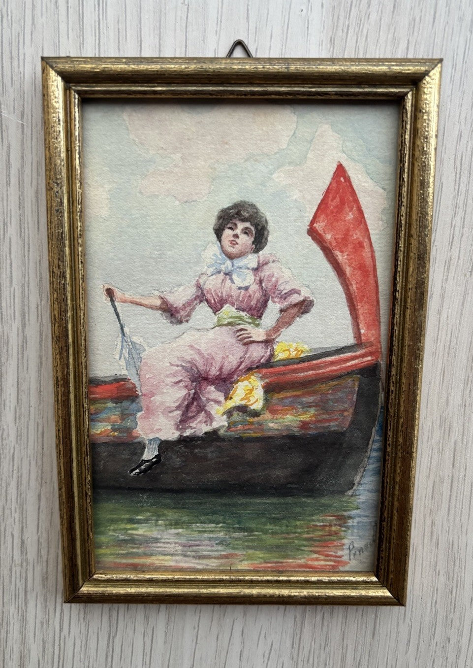 Piccolo quadro miniatura -Donna Su Barca- realizzato ad acquerello su carta