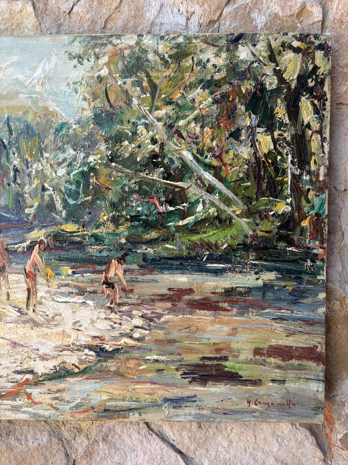 Quadro vintage -Bagnanti Al Fiume- dipinto a olio su tela