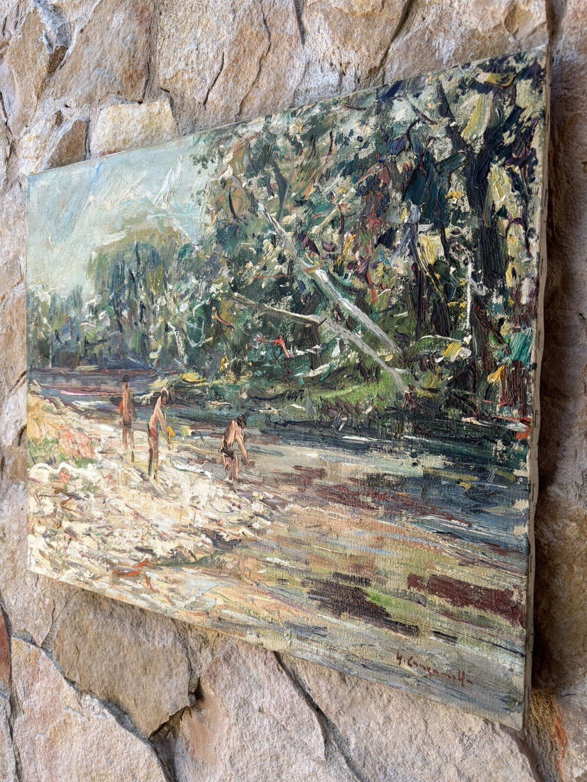 Quadro vintage -Bagnanti Al Fiume- dipinto a olio su tela