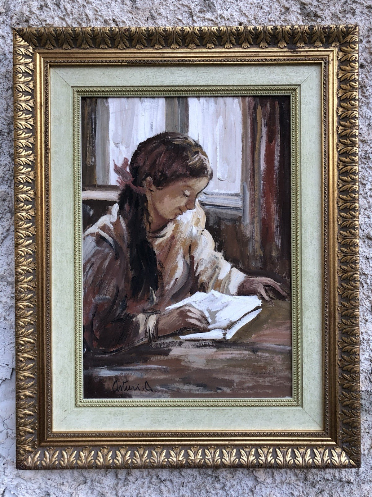 Quadro -Giovane Lettrice- Antonio Asturi tecnica mista su cartoncino