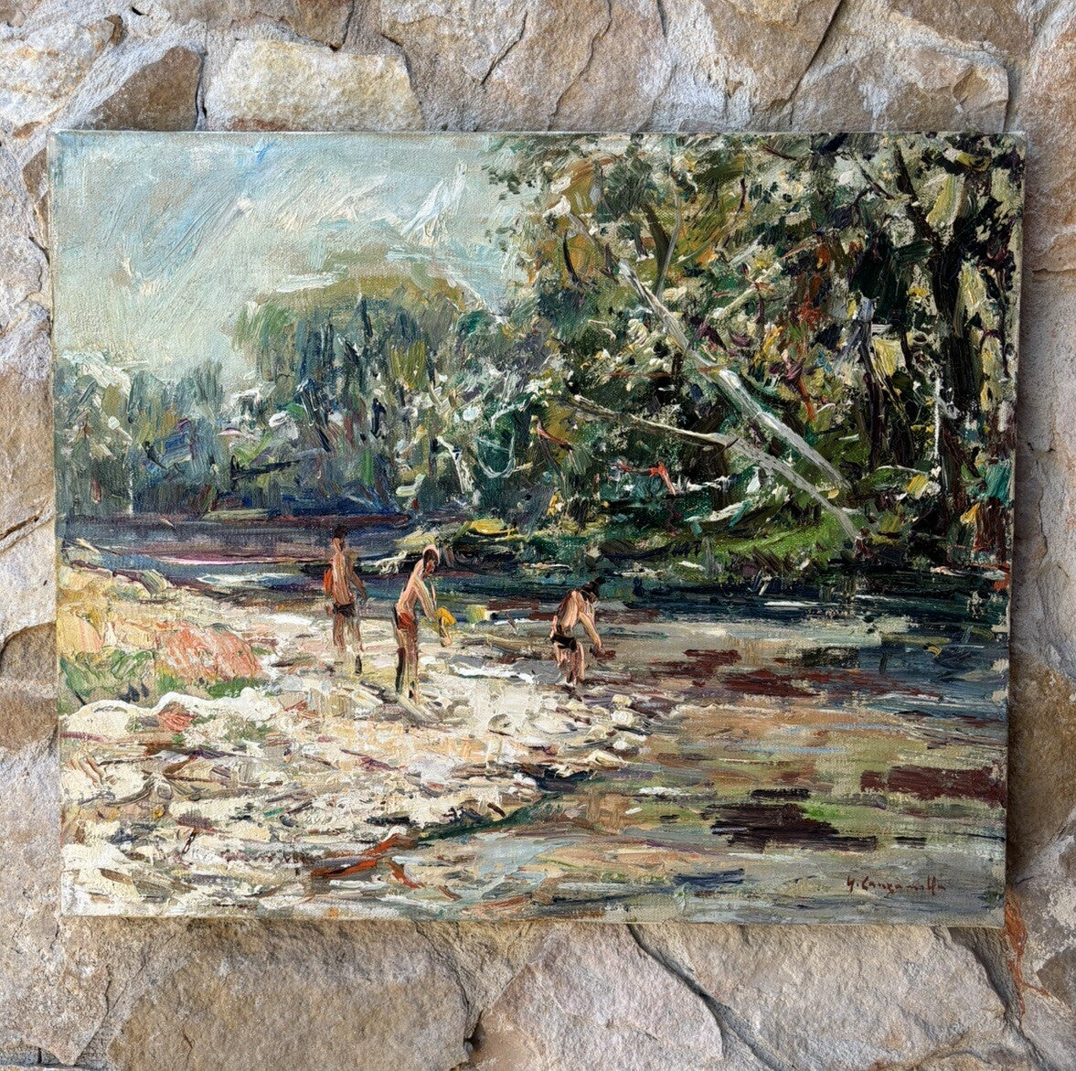 Quadro vintage -Bagnanti Al Fiume- dipinto a olio su tela