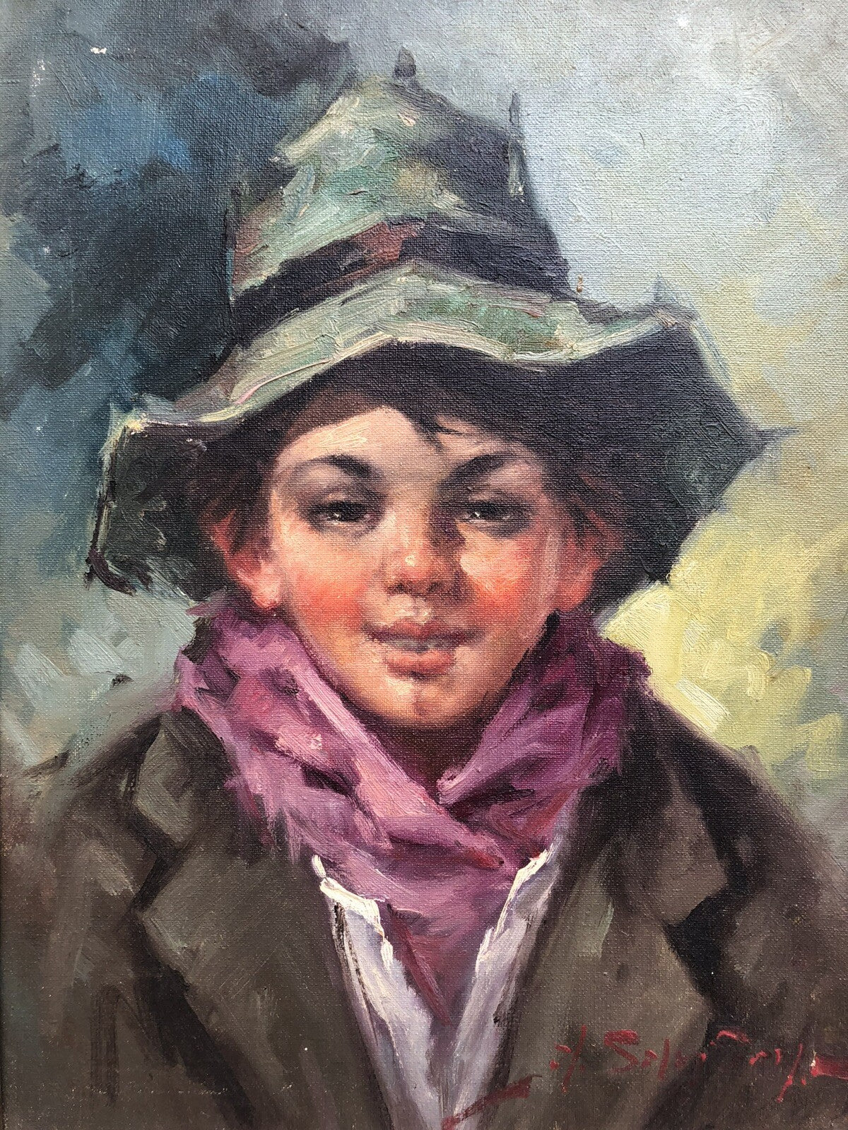 Quadro vintage -Fanciullo Con Cappello- dipinto a olio su tela