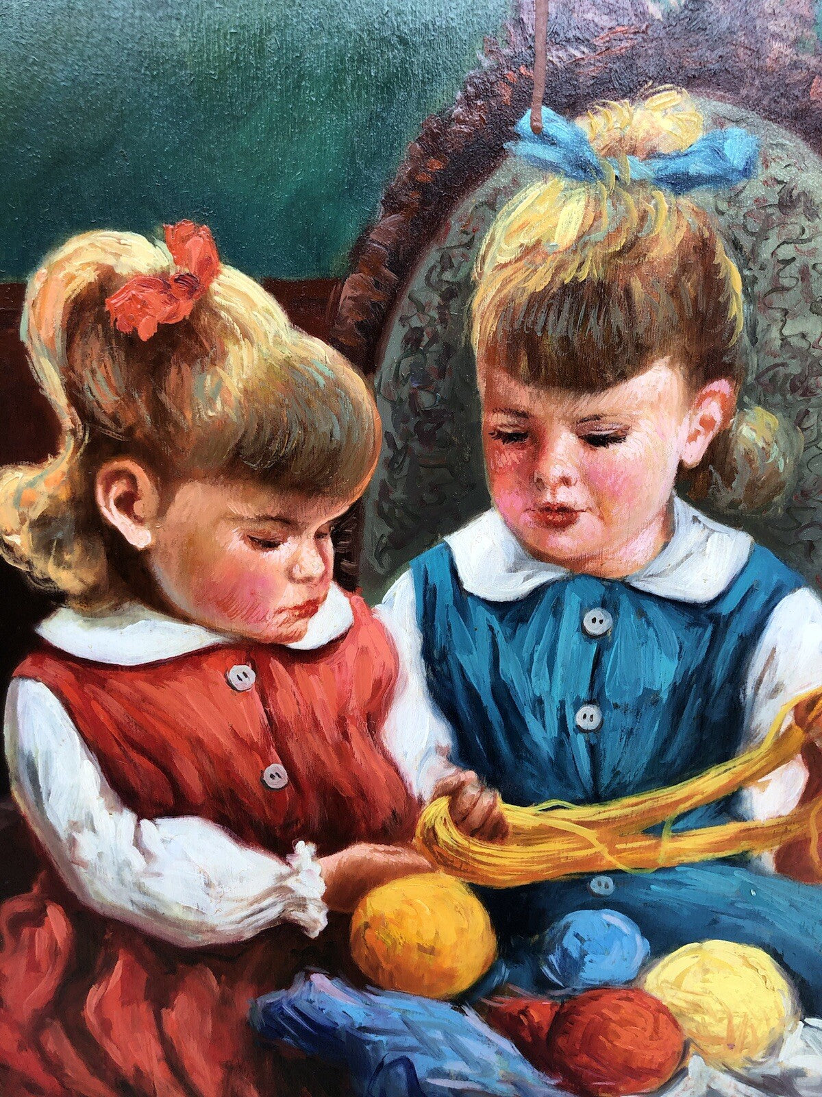 Quadro -Fanciulle Con Gomitoli Di Lana- dipinto a olio su tavoletta