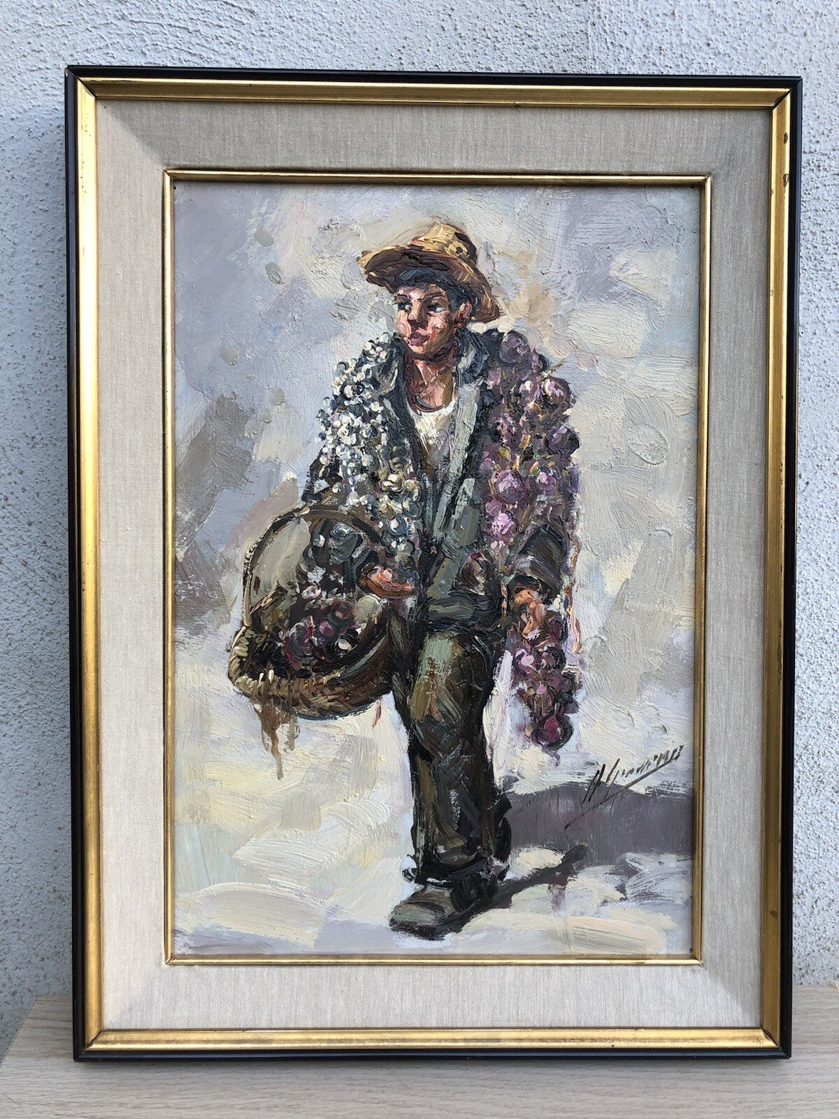 Quadro vintage -Ragazzo Con Cipolle- dipinto a olio su tavoletta