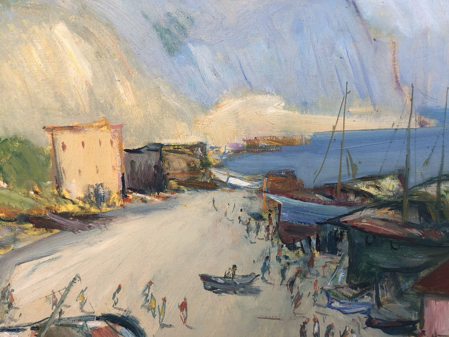 Quadro vintage -Porto Con Barche- dipinto a olio su tela
