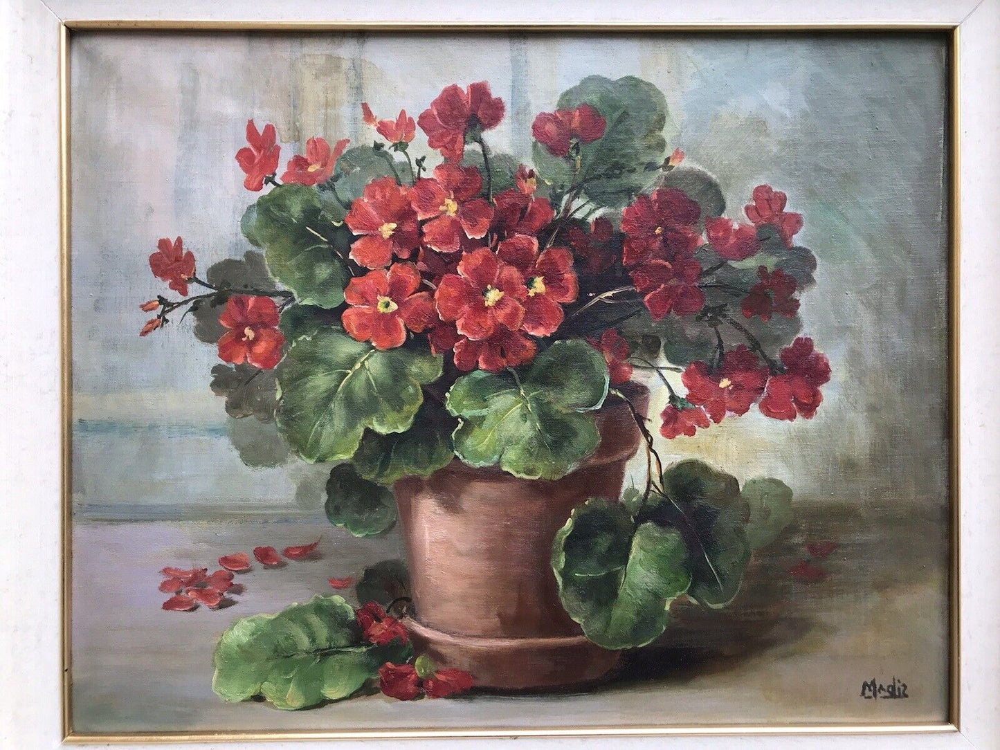 QUADRO VINTAGE -VASO CON GERANI-DIPINTO A OLIO SU TELA