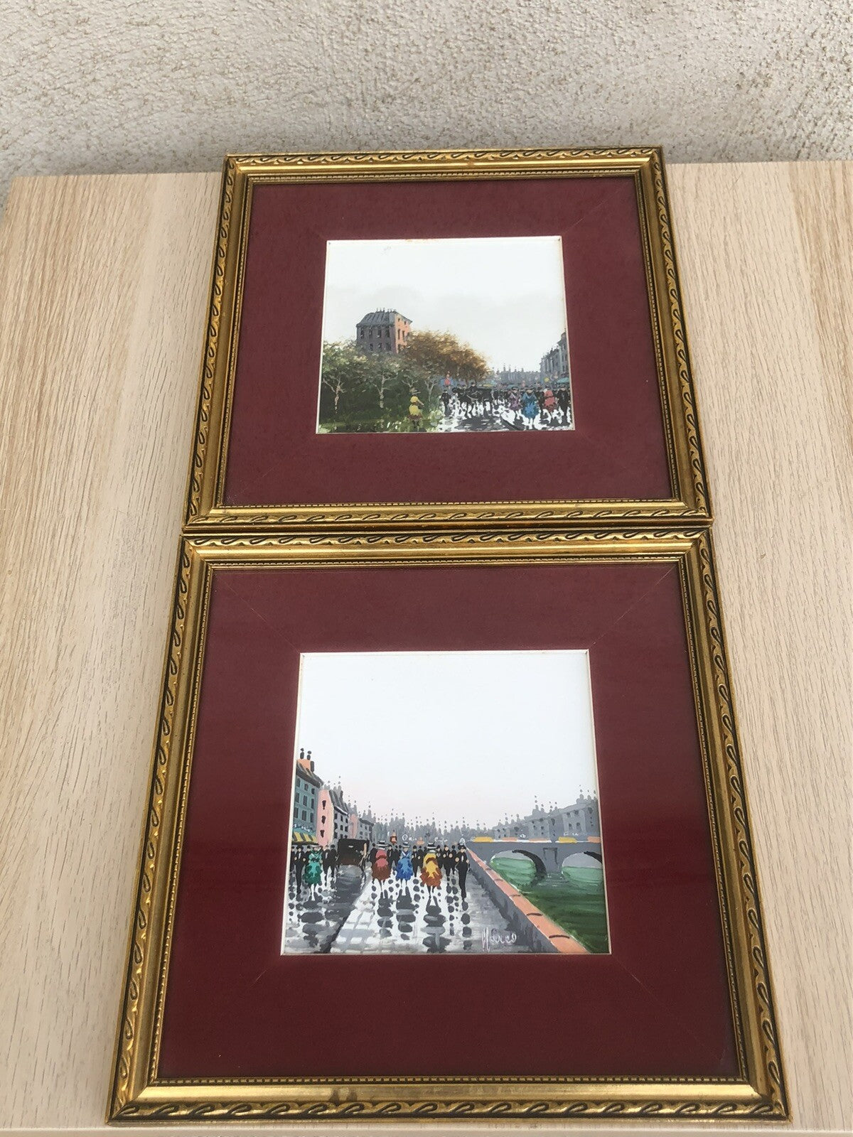 Coppia Di Quadri Vintage Dipinti Su Mattonella