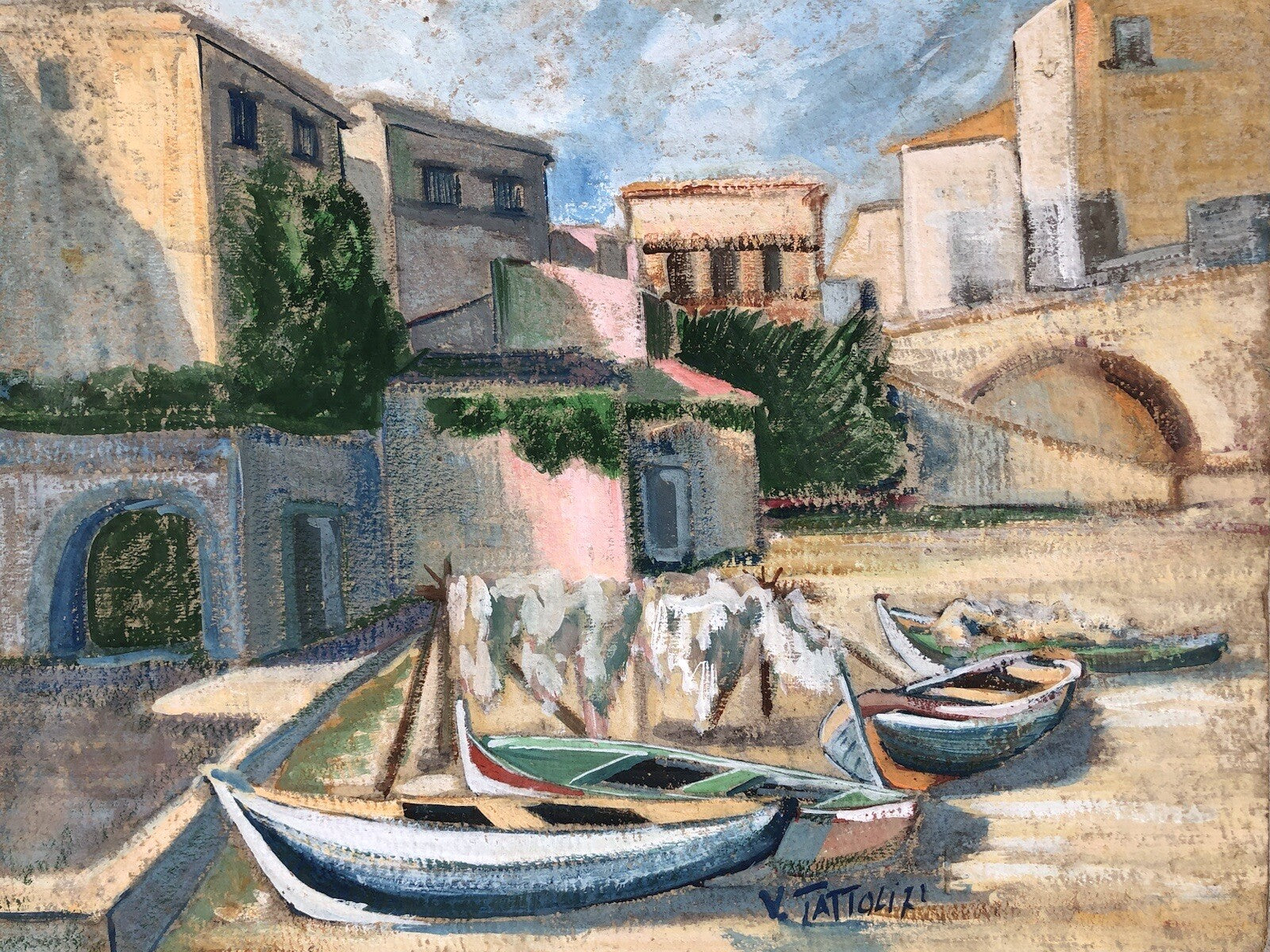 Quadro vintage -Barche A Riposo- dipinto a tecnica mista su cartoncino