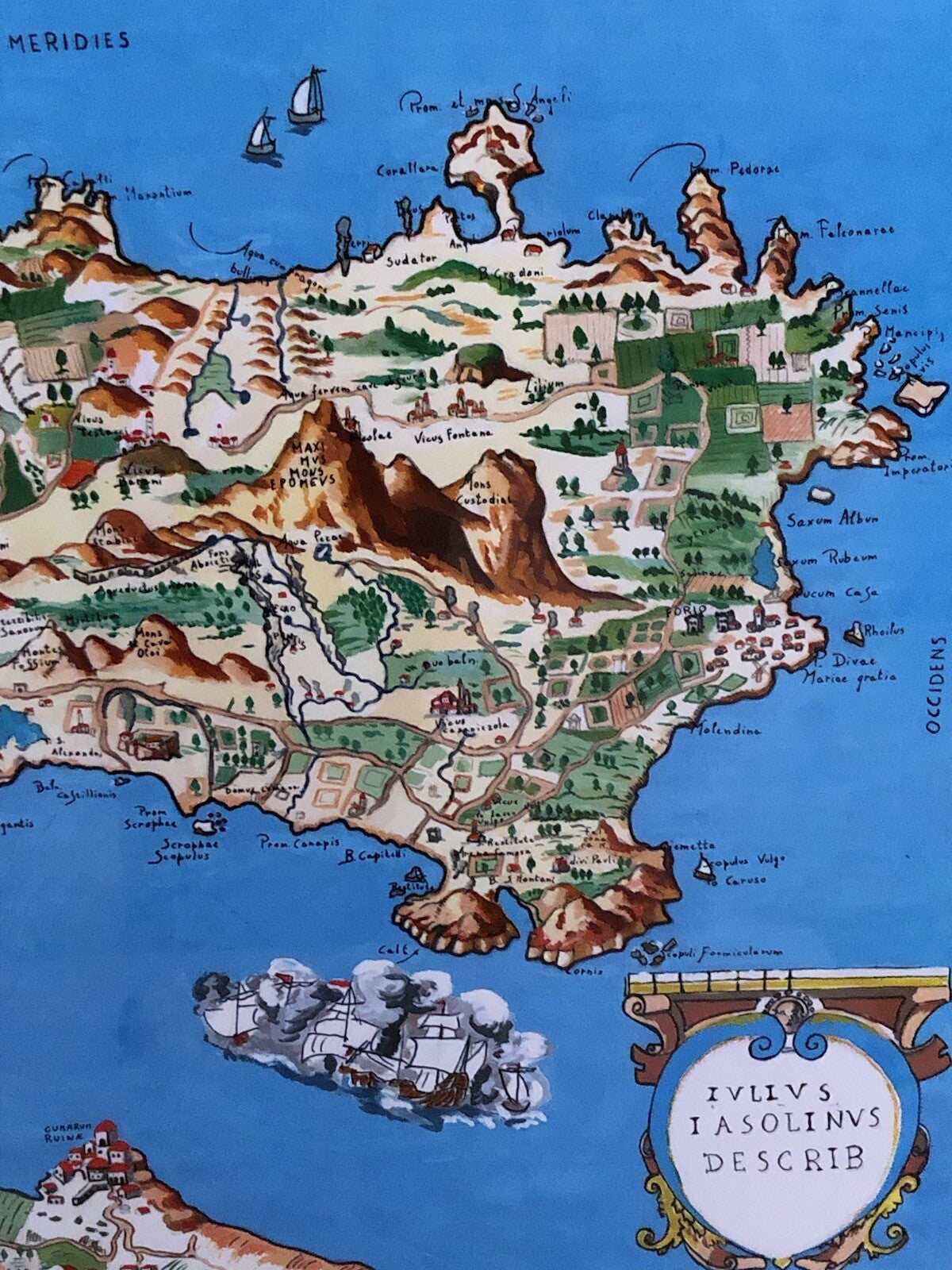 Mappa Vintage -Ischia Aenaria Antica- Dipinta Ad Acquerello E Tempera Su Carta