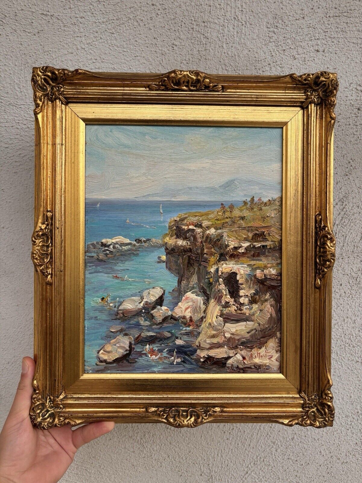 Quadro -Marina Con Bagnanti- dipinto a olio su tavoletta