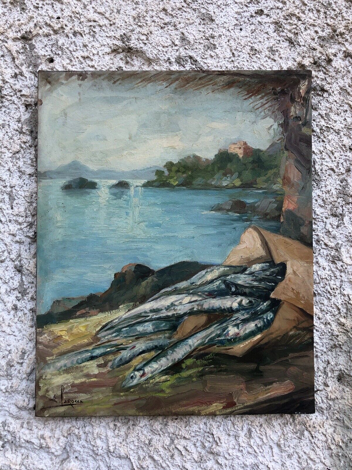 Quadro vintage -Paesaggio Con Natura Morta- dipinto a olio su tela