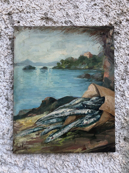 Quadro vintage -Paesaggio Con Natura Morta- dipinto a olio su tela