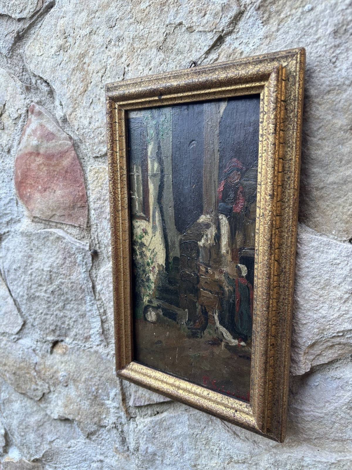 Quadro miniatura antico -Cortile- dipinto a olio su tavoletta