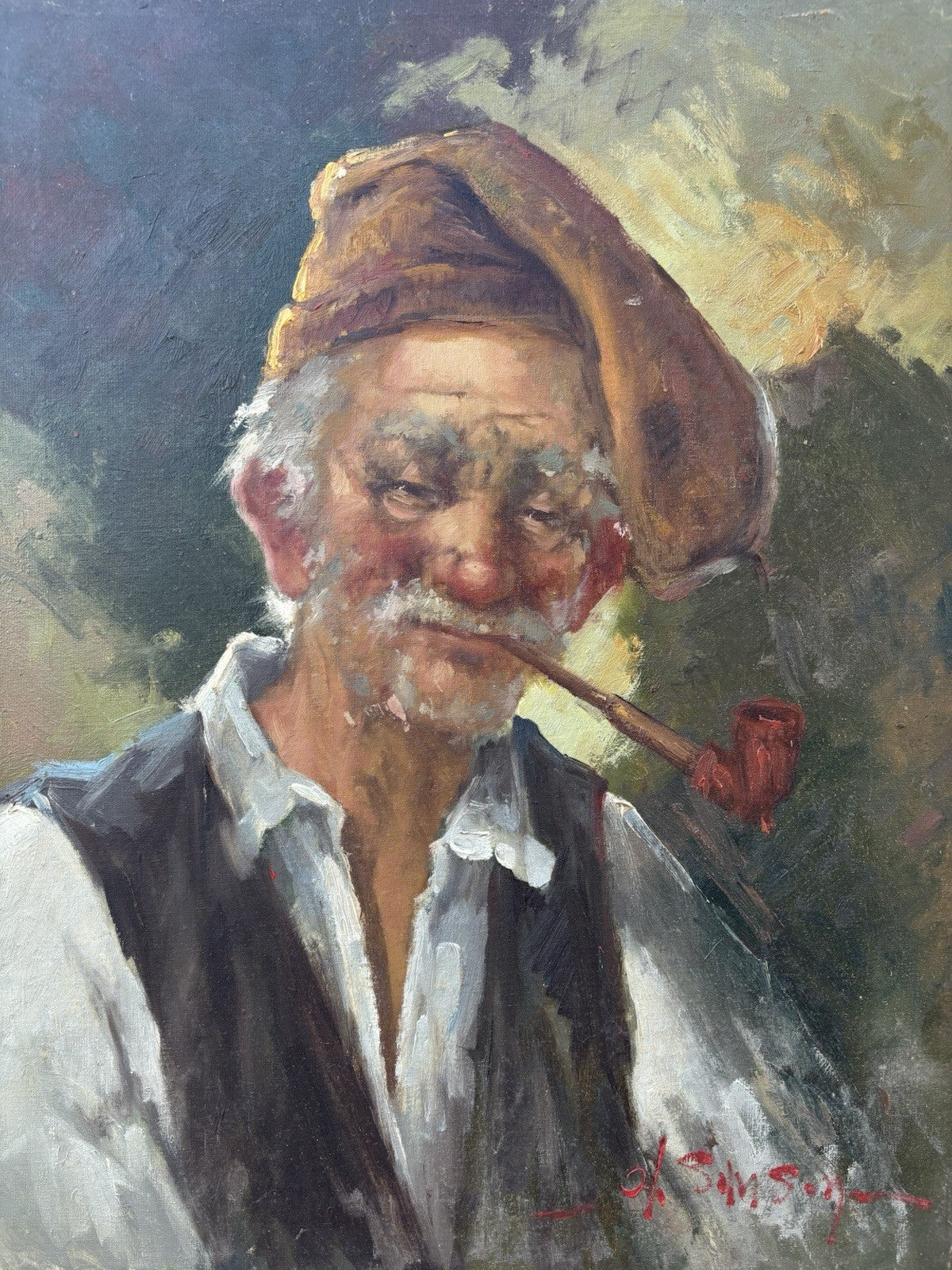Quadro -Anziano Con Pipa- Angelo Sansone- dipinto a olio su tela