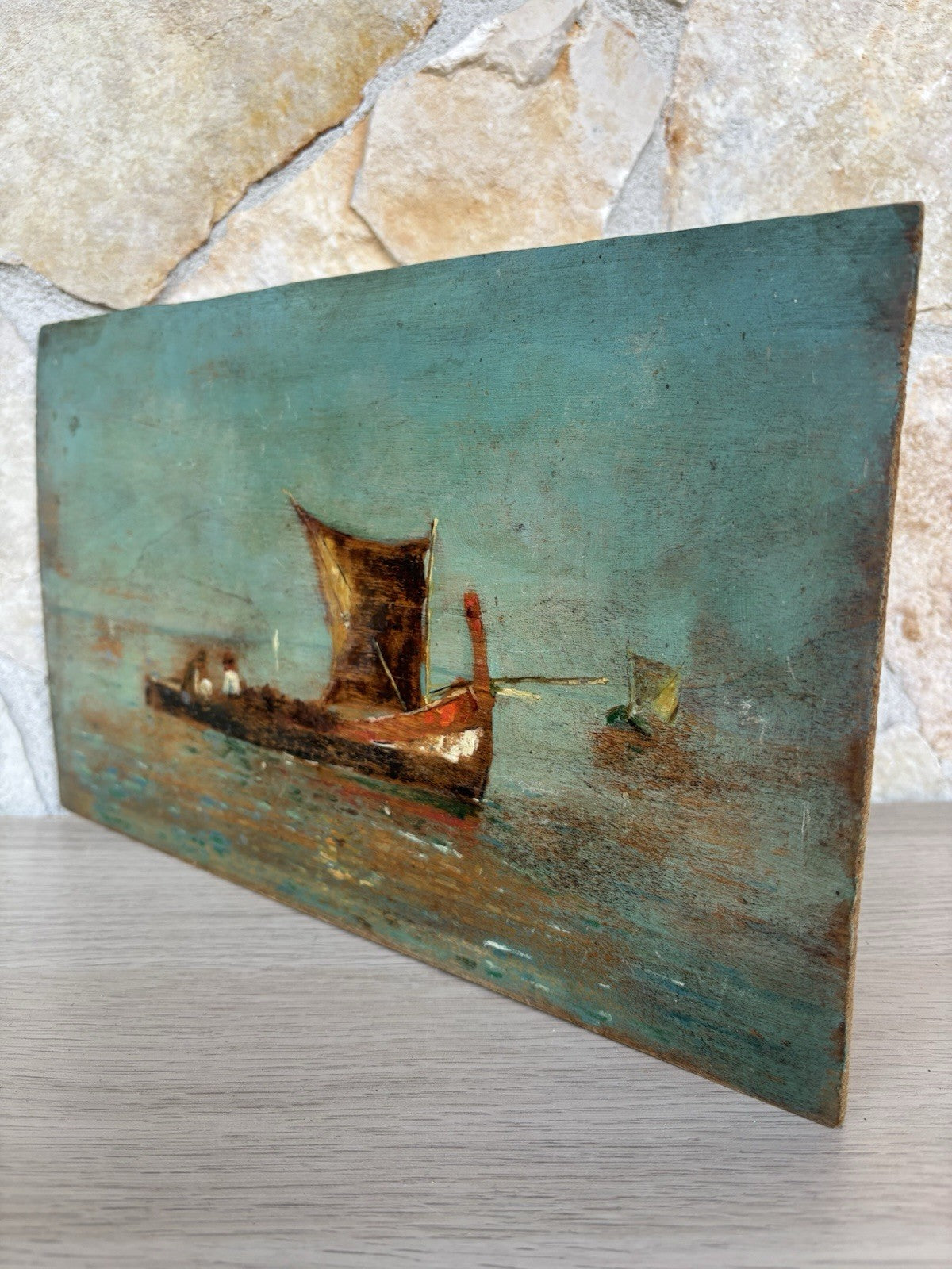 Quadro antico -Marina Con Barche- dipinto a olio su tavola