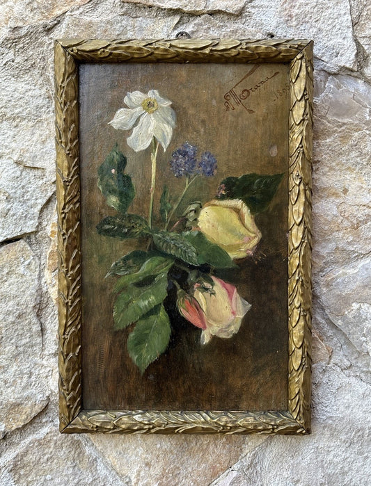 Quadro antico -Fiori- dipinto a olio su tavola