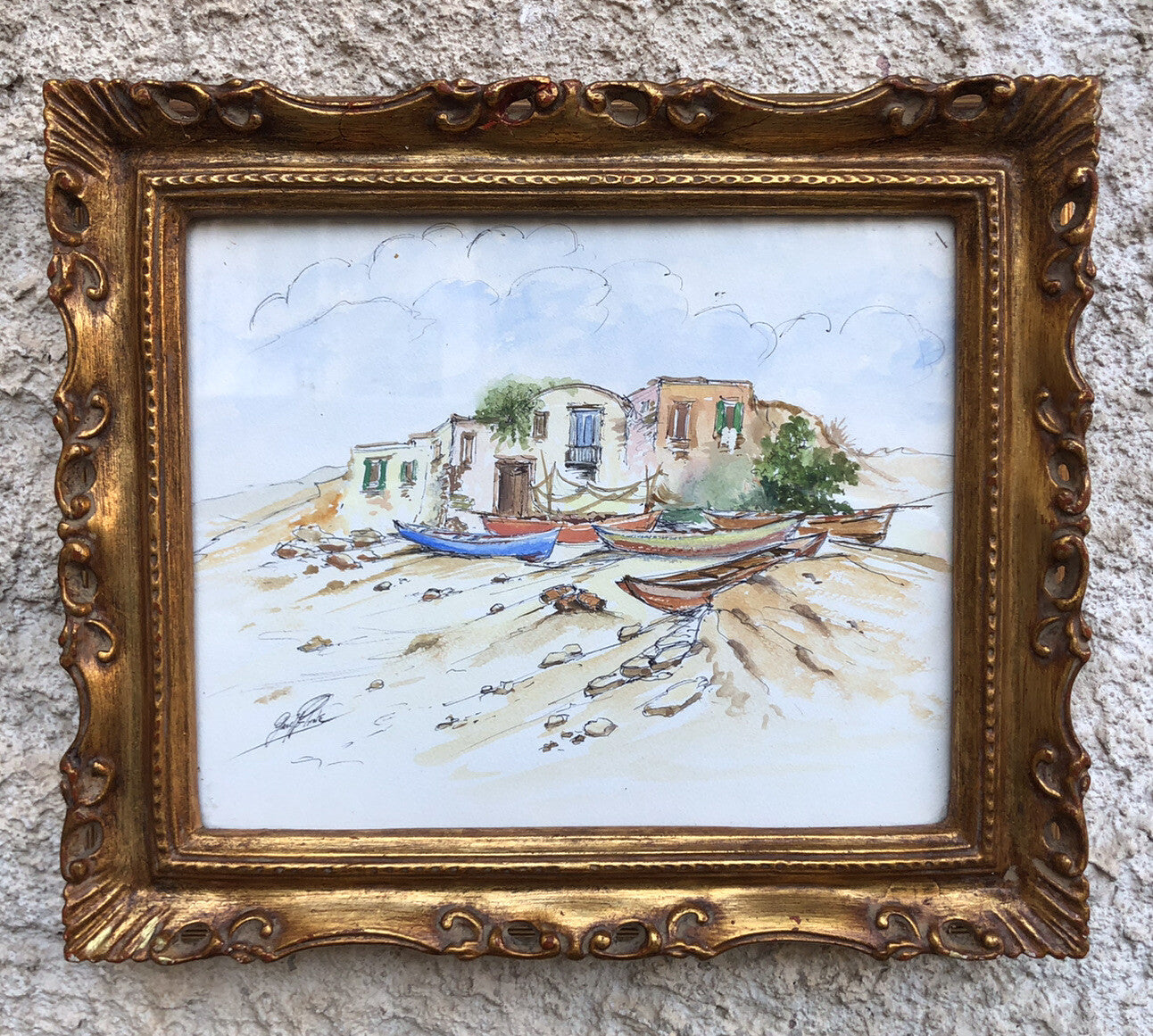 QUADRO VINTAGE-PAESAGGIO CON BARCHE-DIPINTO AD ACQUERELLO SU CARTA