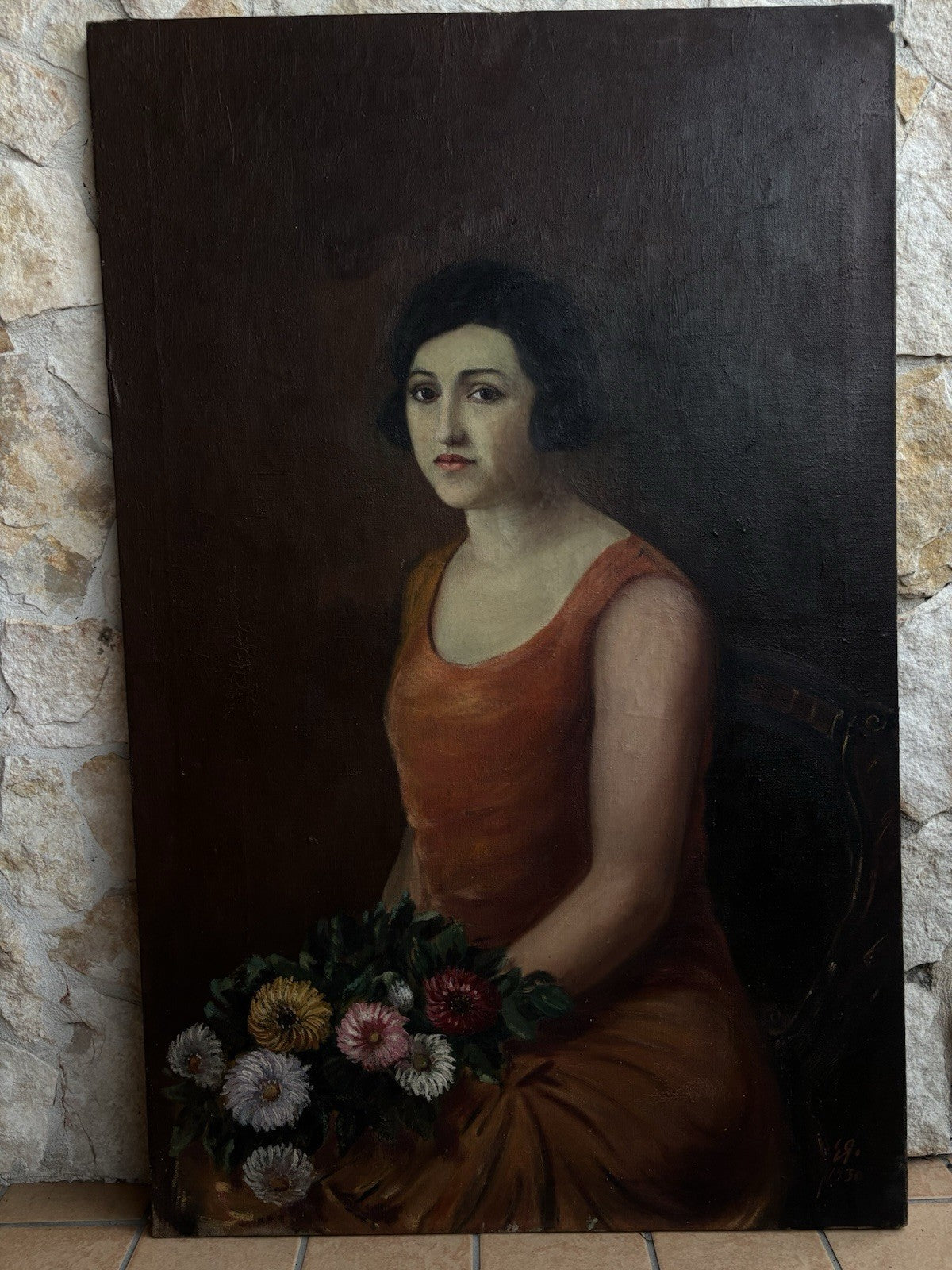 Grande quadro antico -Ritratto Di Donna- dipinto a olio su tela