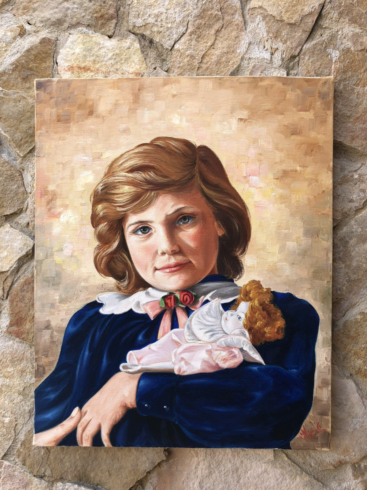 Quadro -Ragazza Con Bambola- dipinto a olio su tela