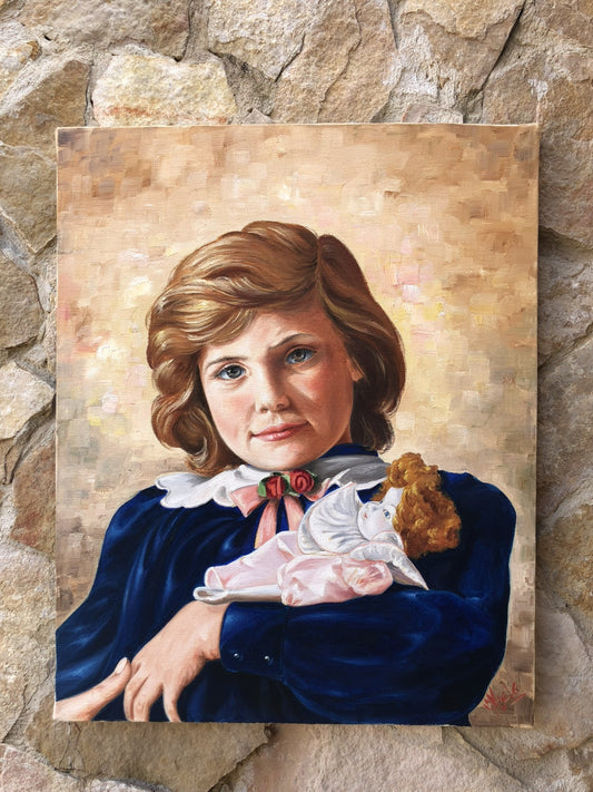 Quadro -Ragazza Con Bambola- dipinto a olio su tela