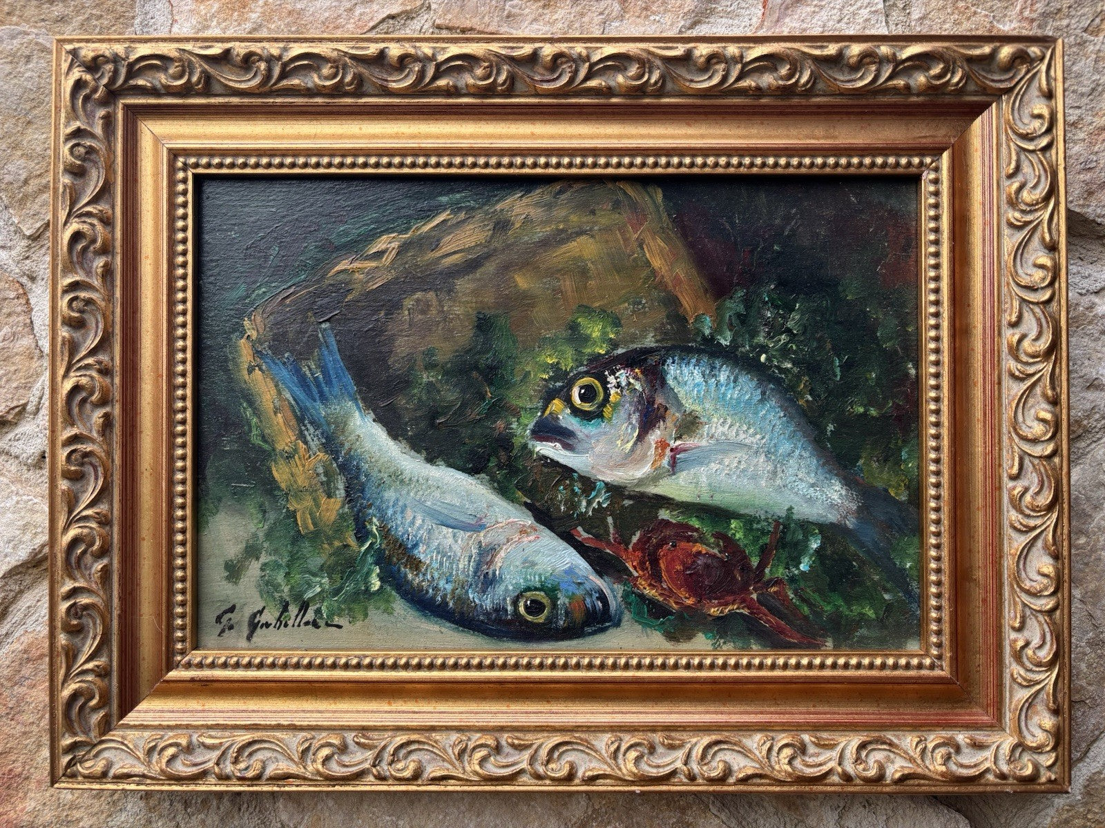 Quadro -Pesci- dipinto a olio su tavoletta