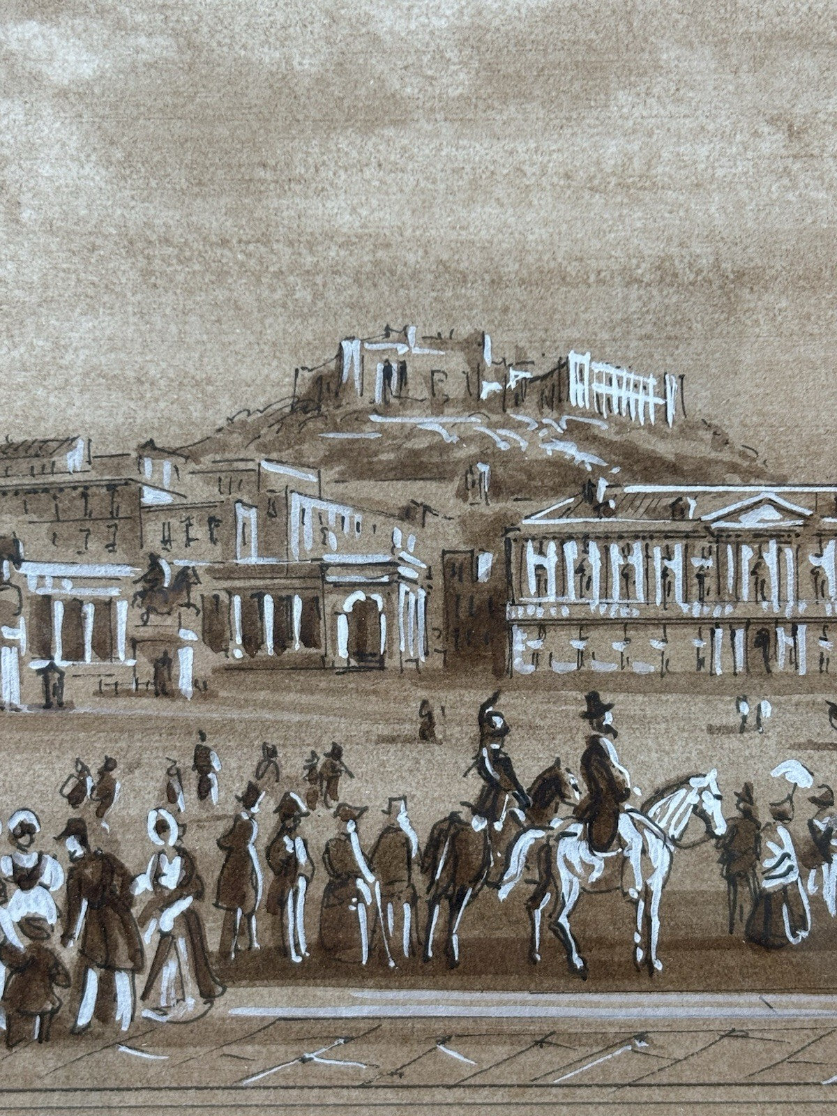 Quadro antico -Napoli, Piazza Plebiscito- realizzato a tecnica mista su carta