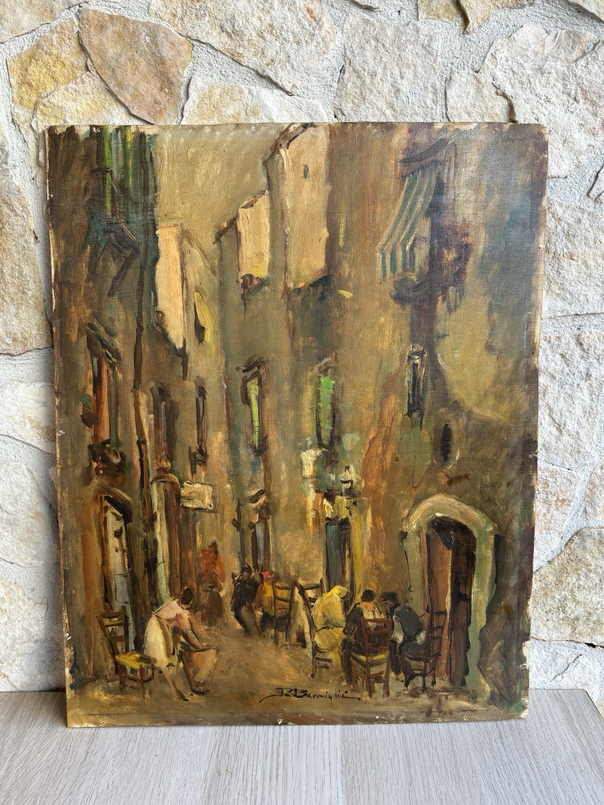 Quadro -Vicolo Con Figure- Raffaele Barscigliè dipinto a olio su tavoletta