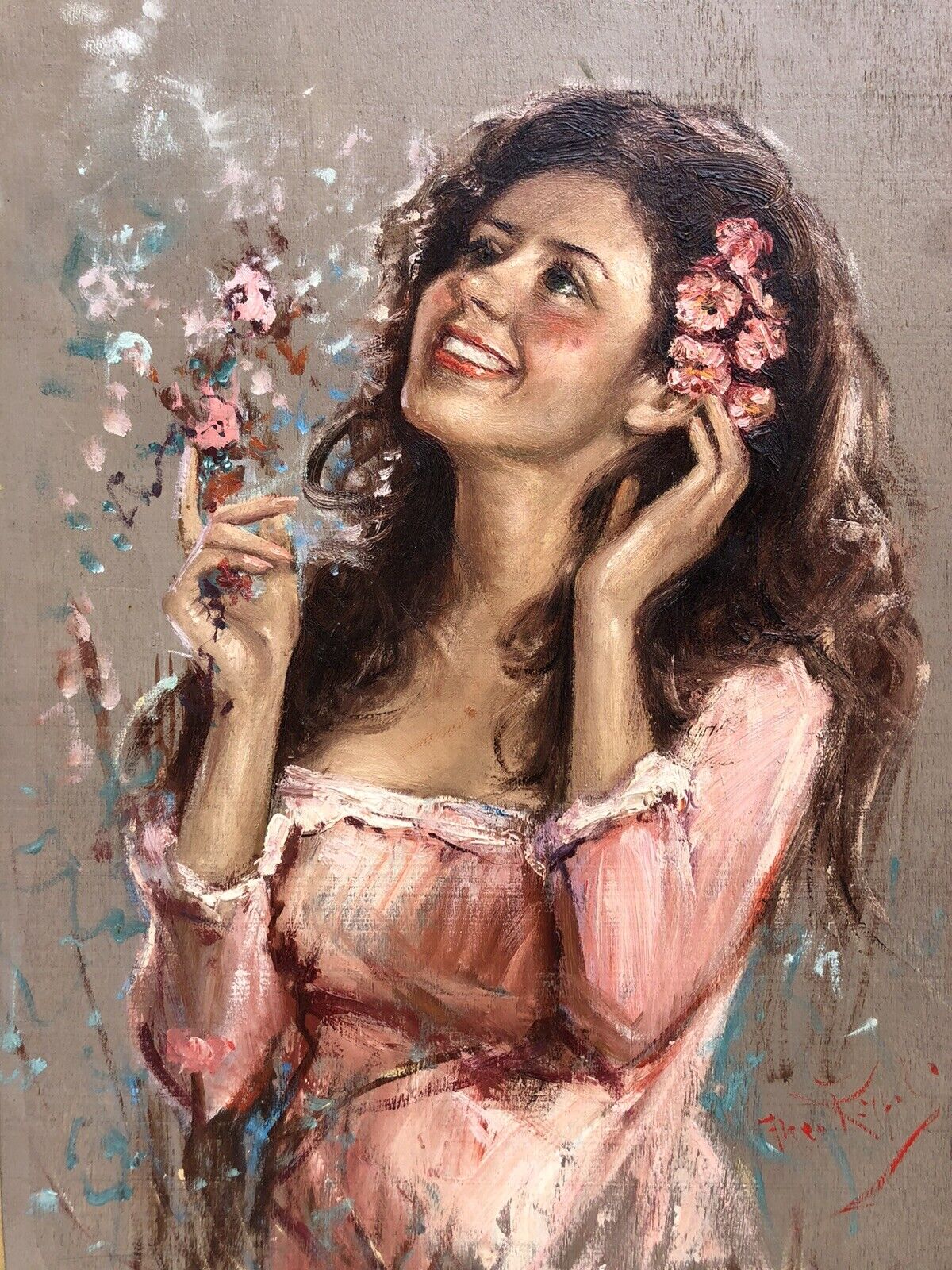 Quadro vintage -Fanciulla tra i fiori-dipinto a olio su tavola