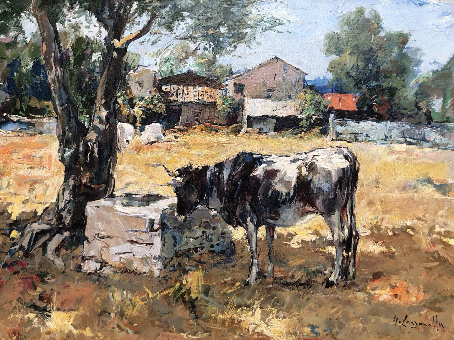 Quadro -Paesaggio Con Mucca- dipinto a olio su tela
